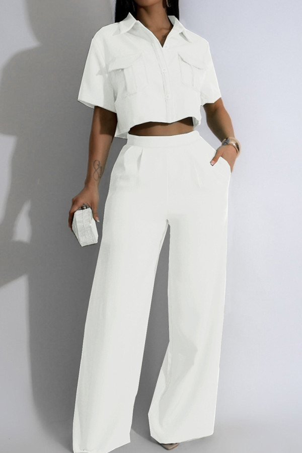 White Street Solid Patchwork Pocket Turndown Collar Short Sleeve Two Pieces
