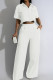 White Street Solid Patchwork Pocket Turndown Collar Short Sleeve Two Pieces
