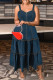 Deep Blue Casual Daily Solid Color Zipper Patchwork Spaghetti Strap Denim Plus Size Dresses