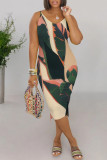 Orange Red Casual Floral Print Contrast V Neck Printed Dresses