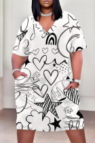 White Casual Geometric Print The stars Pocket V Neck Printed Plus Size Dresses