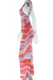 Colour Casual Daily Striped Print Backless Slit U Neck Long Dresses