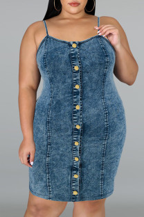 Navy Blue Sexy Casual Solid Color Backless Spaghetti Strap Denim Plus Size Dresses