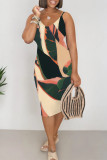 Orange Red Casual Floral Print Contrast V Neck Printed Dresses