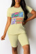 Shallow Yellow Casual Daily Cartoon Print Contrast O Neck Short Sleeve Two Pieces