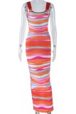 Colour Casual Daily Striped Print Backless Slit U Neck Long Dresses