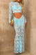 Light Blue Sexy Lace See-Through Ruched Patchwork O Neck Long Sleeve Two Pieces