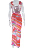 Colour Casual Daily Striped Print Backless Slit U Neck Long Dresses