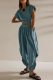 Blue Casual Solid Color Lace Up Backless O Neck Short Sleeve Two Pieces