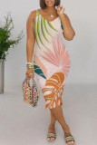 Orange Red Casual Floral Print Contrast V Neck Printed Dresses