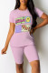 Pink Casual Daily Cartoon Print Contrast O Neck Short Sleeve Two Pieces