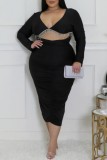 Black Sexy Party Formal Solid Color Fringed Trim Hollow Out V Neck Evening Plus Size Dresses