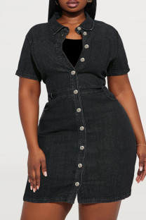 Black Casual Daily Solid Color Buttons Patchwork Turndown Collar Denim Plus Size Dresses