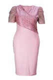 Pink Casual Patchwork Slit V Neck Short Sleeve Short Sleeve Dress