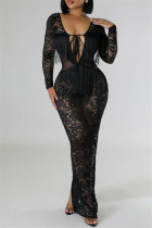 Black Sexy Solid Color Lace Fringed Trim Lace Up See-Through Backless Deep V Neck Long Dresses