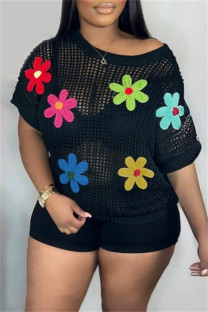 Black Sexy Casual Flowers Patchwork Hollow Out See-Through O Neck T-Shirts