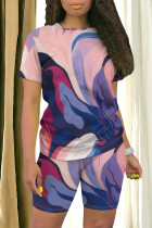 Multi-color Casual Geometric Print Contrast O Neck Short Sleeve Two Pieces