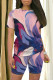 Multi-color Casual Geometric Print Contrast O Neck Short Sleeve Two Pieces