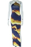 Black Yellow Sexy Print Backless Slit Spaghetti Strap Long Dresses