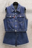 Blue Casual Solid Color Pocket Turndown Collar Sleeveless Two Pieces (Without Belt)