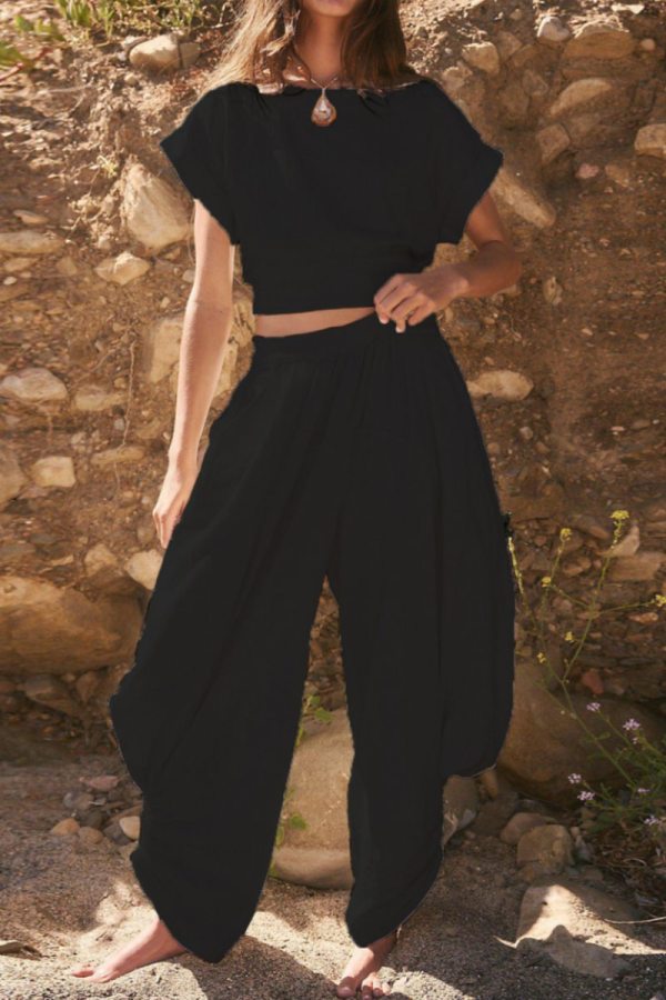 Black Casual Solid Color Lace Up Backless O Neck Short Sleeve Two Pieces