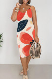 Orange Red Casual Floral Print Contrast V Neck Printed Dresses