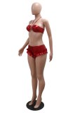 Red Sexy Hot Club Solid Color Lace Up Backless Strapless Sleeveless Two Pieces