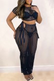 Lemon Yellow Sexy Casual Solid Hollowed Out Frenulum See-through O Neck Short Sleeve Two Pieces