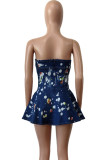 Sky Blue Sexy Tie Dye Backless Patchwork Ruffle Irregular Hem Strapless Sleeveless Regular Denim Dresses