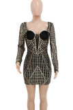 Black Sexy Backless Zipper Patchwork U Neck Wrapped Skirt Dresses