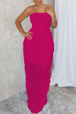 Rose Red Sexy Solid Color Ruched Patchwork Strapless Loose Jumpsuits