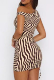 Apricot Sexy Striped Print Ruched Patchwork Oblique Collar Wrapped Skirt Dresses