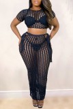 Lemon Yellow Sexy Casual Solid Hollowed Out Frenulum See-through O Neck Short Sleeve Two Pieces