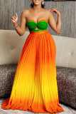 Blue Gradient Color Hollow Out Backless Pleated Patchwork Strapless Loose Jumpsuits