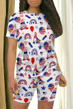 Multicolor Casual Print Patchwork O Neck Short Sleeve Two Pieces