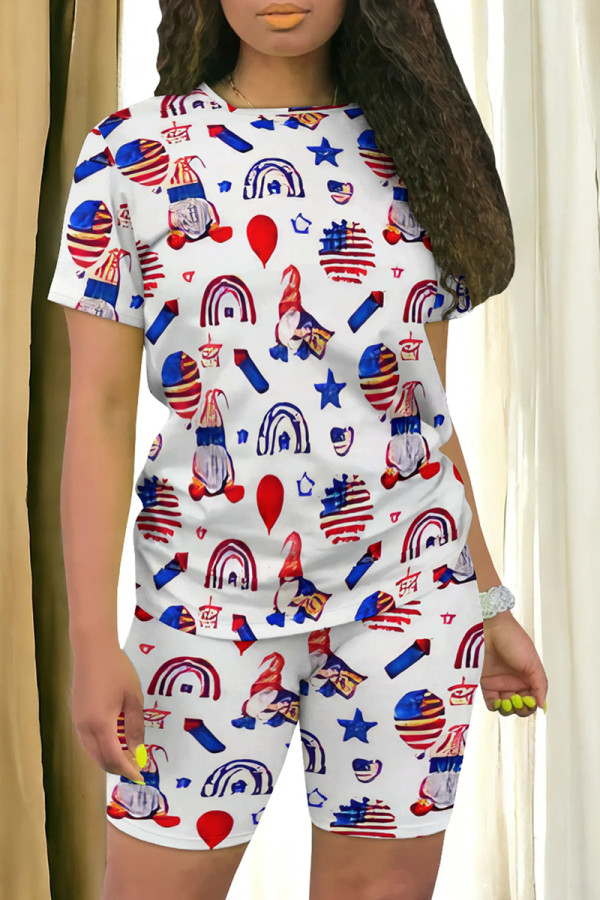 Multicolor Casual Print Patchwork O Neck Short Sleeve Two Pieces