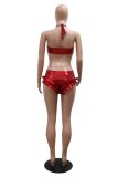 Red Sexy Hot Club Solid Color Lace Up Backless Strapless Sleeveless Two Pieces