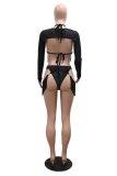 Black Sexy Solid Color Fringed Trim Lace Up Backless Halter Long Sleeve Three Piece Set