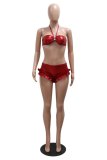Red Sexy Hot Club Solid Color Lace Up Backless Strapless Sleeveless Two Pieces