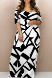 Black White Casual Geometric Print Backless Patchwork Off Shoulder Long Dresses