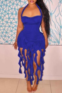 Blue Sexy Solid Color Fringed Trim Backless Halter Wrapped Skirt Dresses