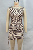 Apricot Sexy Striped Print Ruched Patchwork Oblique Collar Wrapped Skirt Dresses