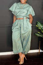 Cyan Casual Solid Color Lace Up O Neck Short Sleeve Two Pieces