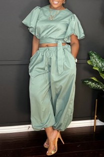Cyan Casual Solid Color Lace Up O Neck Short Sleeve Two Pieces