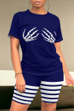 Dark Blue Casual Daily Skull Finger Letter Print Stripe O Neck Short Sleeve Two Pieces
