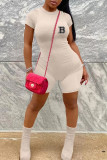 Pink Casual Letter Print Zipper O Neck Skinny Rompers
