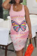 Pink Casual Butterfly Print Flowers Gradient Color Contrast U Neck Printed Dresses