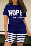 Dark Blue Casual Daily Skull Finger Letter Print Stripe O Neck Short Sleeve Two Pieces