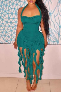 Green Sexy Solid Color Fringed Trim Backless Halter Wrapped Skirt Dresses