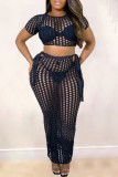 Lemon Yellow Sexy Casual Solid Hollowed Out Frenulum See-through O Neck Short Sleeve Two Pieces
